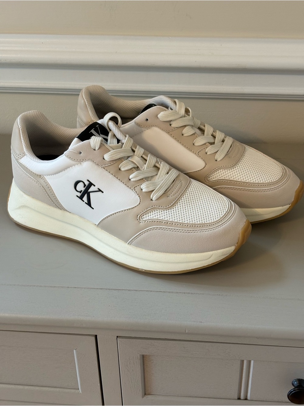 Calvin Klein Women’s White and Beige CK Logo Lace-Up Sneakers